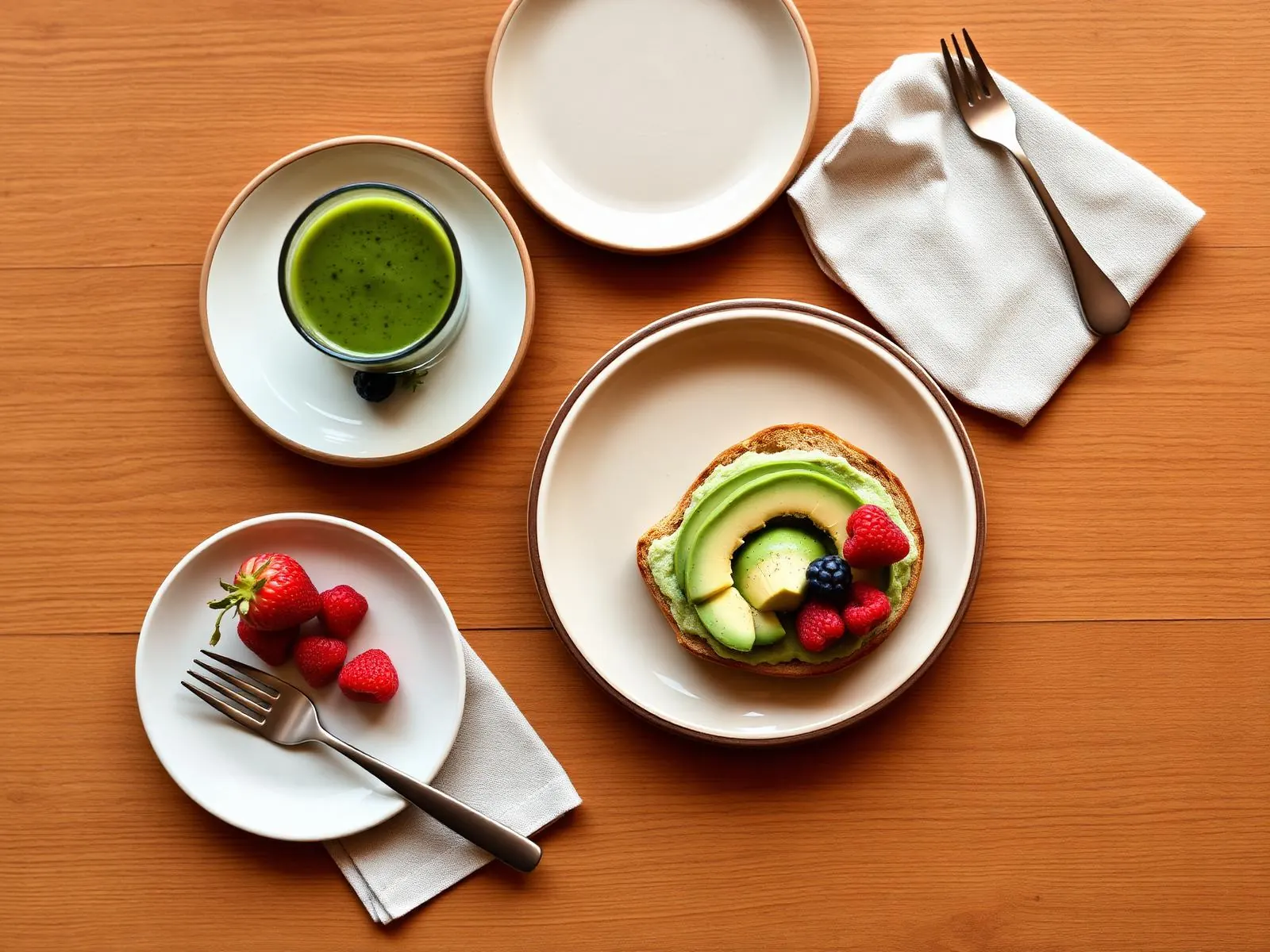 Healthy brunch flat lay with avocado toast, smoothie and berries