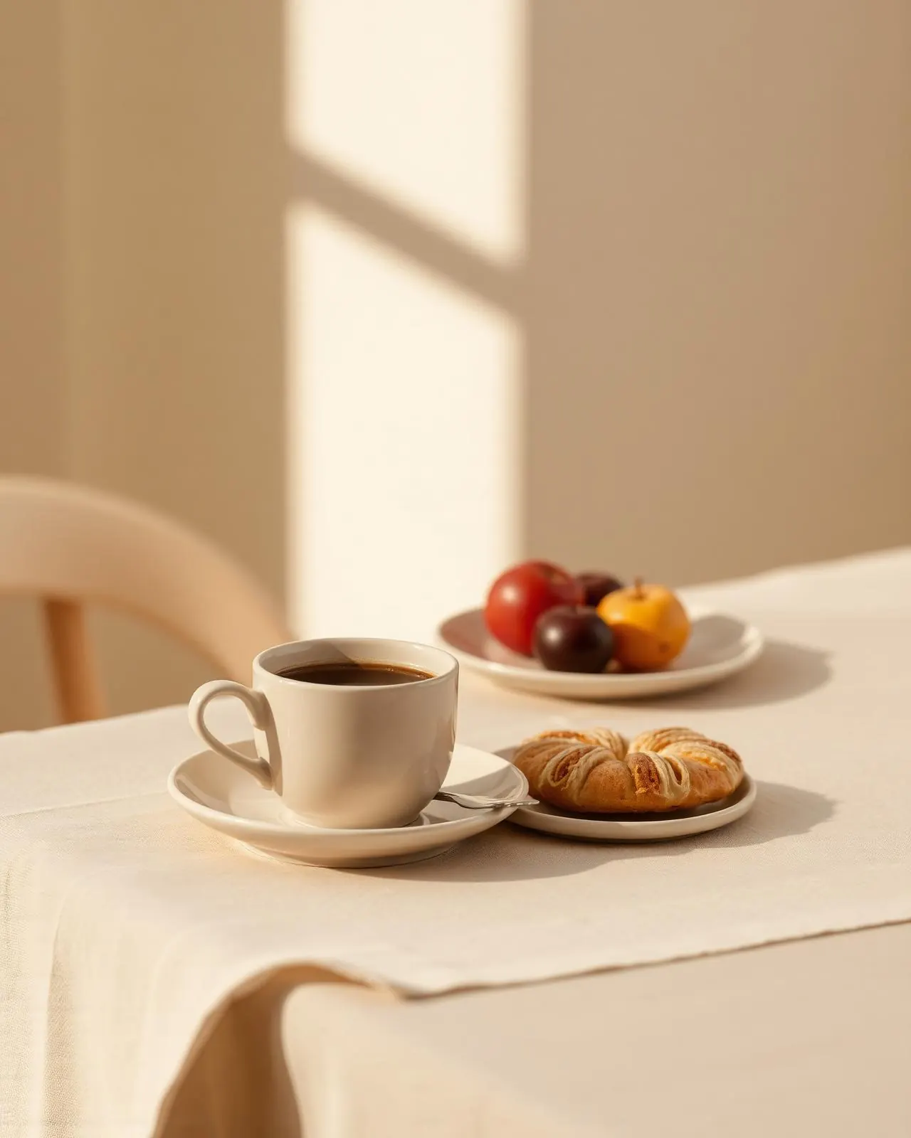 Specialty coffee and pastry on warm linen with morning light